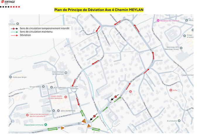 une portion de l’avenue des 4 Chemins sera mise à sens unique dans le sens Meylan → Montbonnot et déviation via l’avenue des 4 Chemins et le chemin de la Dhuy