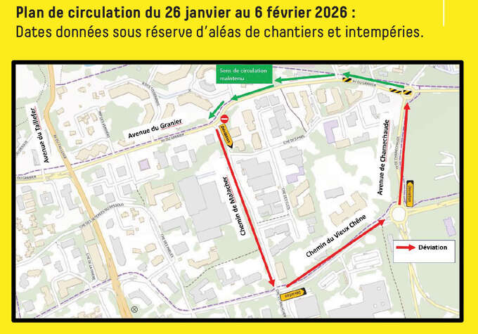 Plan de circulation avenue du Granier du 26/01/26 au 06/02/2026 - Mise en sens unique dans le sens Montbonnot vers Grenoble. Déviation par le chemin de Malacher, le chemin du Vieux Chêne et l’avenue de Chamechaude